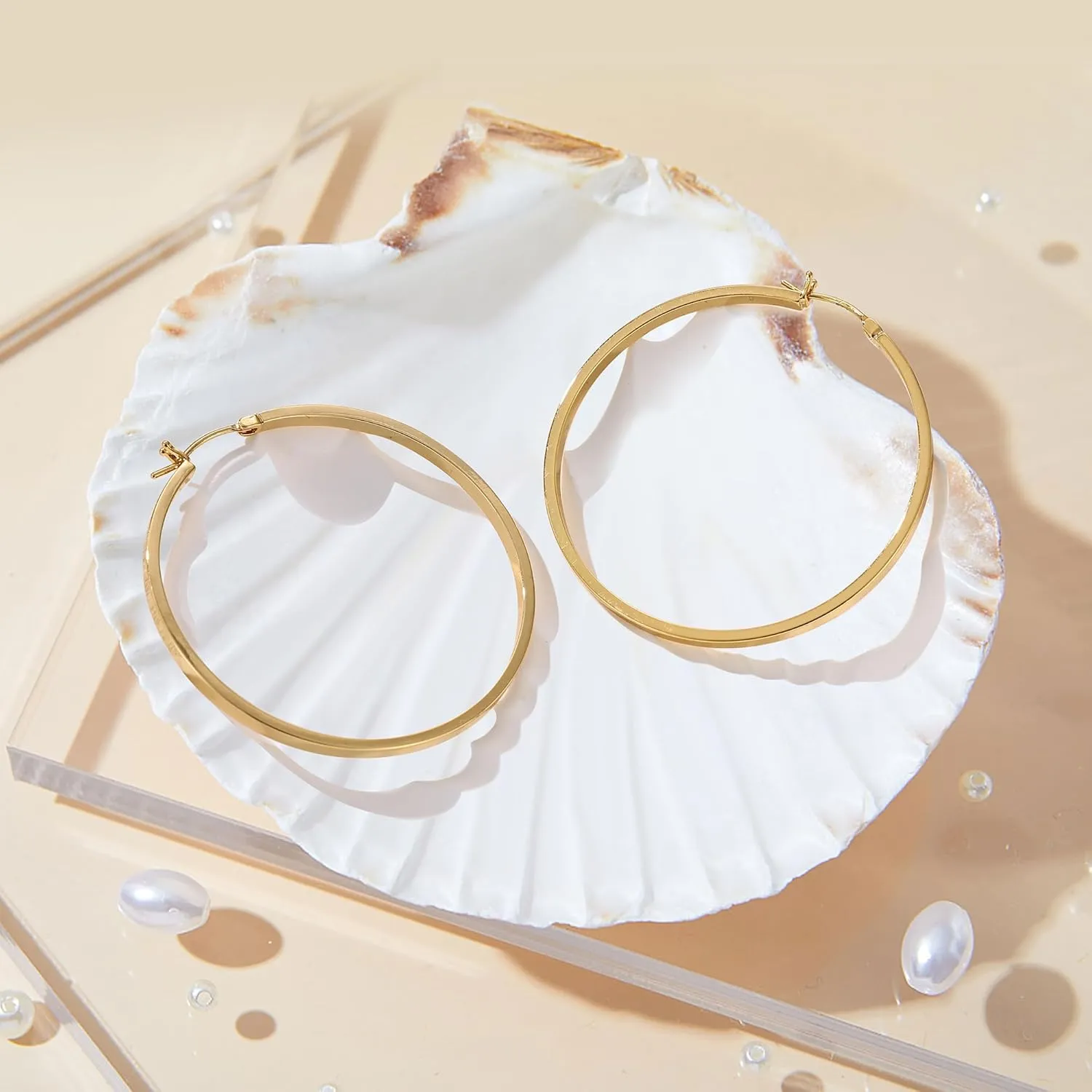 Gacimy Flatted Gold Hoop Earrings for Women 14K Real Gold Plated with 925 Sterling Silver Post
