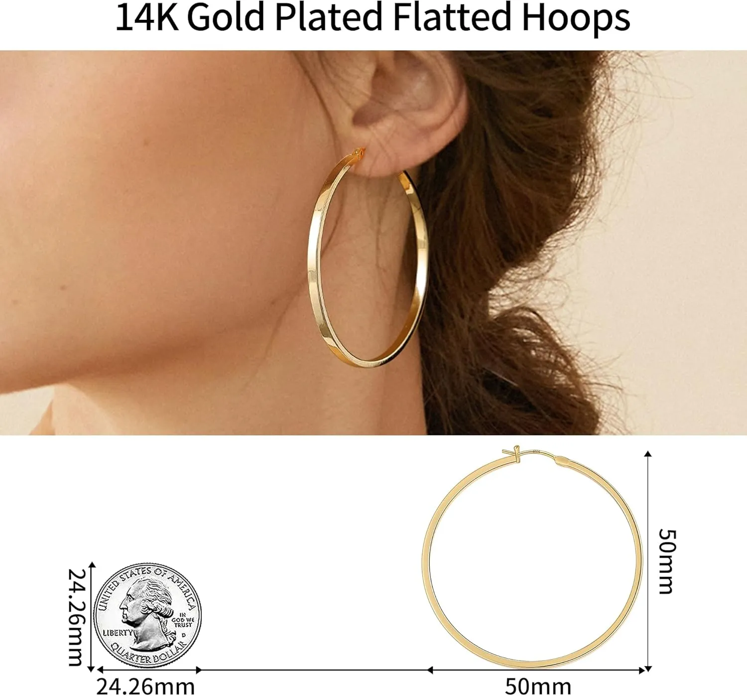 Gacimy Flatted Gold Hoop Earrings for Women 14K Real Gold Plated with 925 Sterling Silver Post