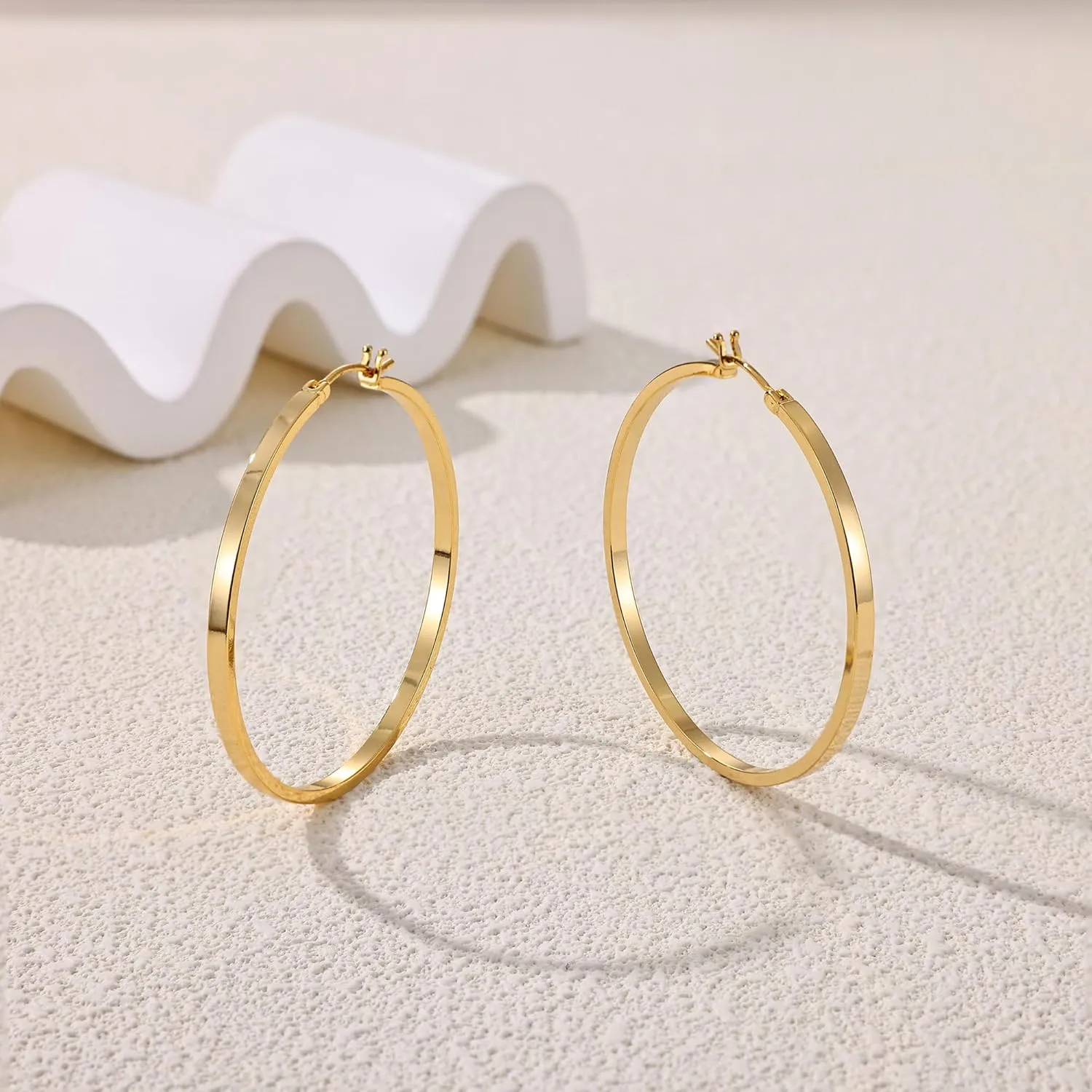Gacimy Flatted Gold Hoop Earrings for Women 14K Real Gold Plated with 925 Sterling Silver Post