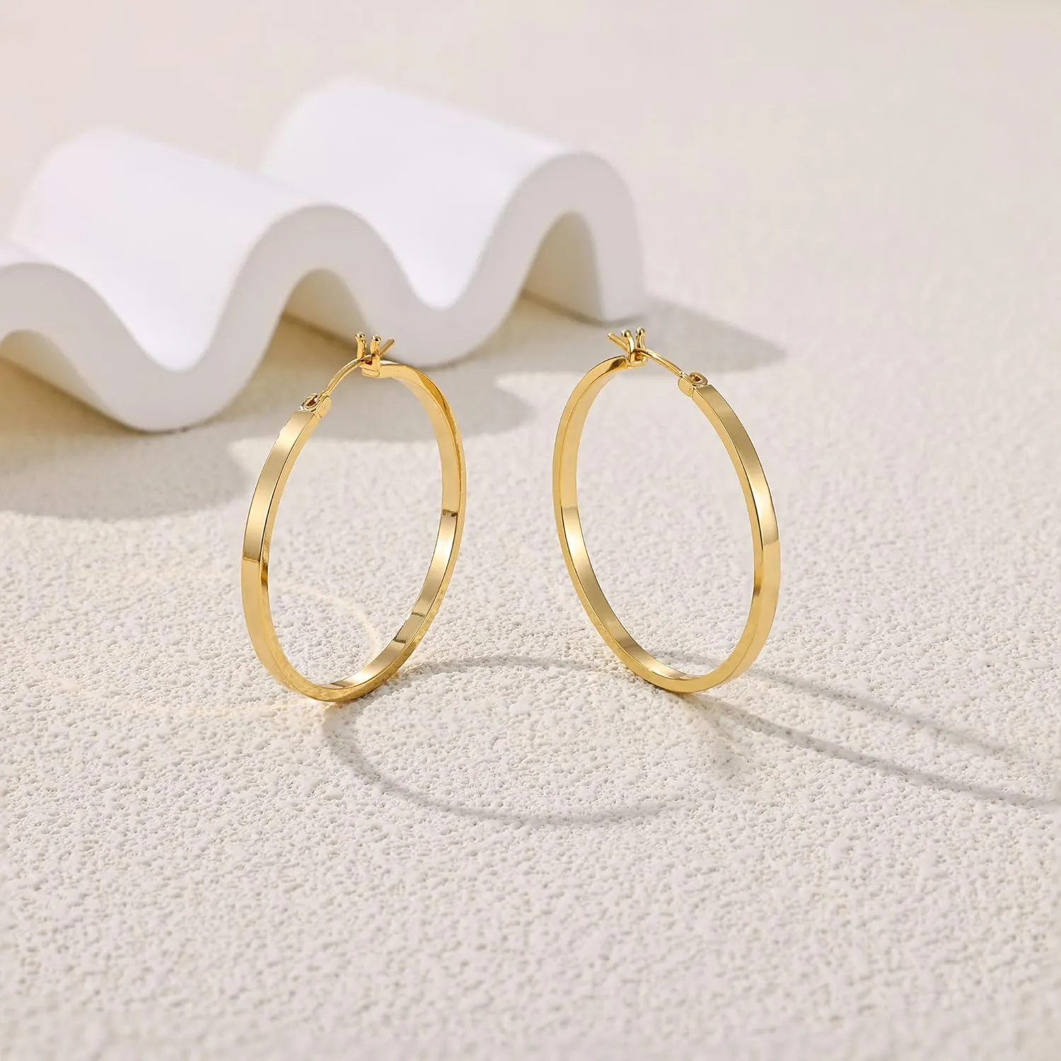 Gacimy Flatted Gold Hoop Earrings for Women 14K Real Gold Plated with 925 Sterling Silver Post