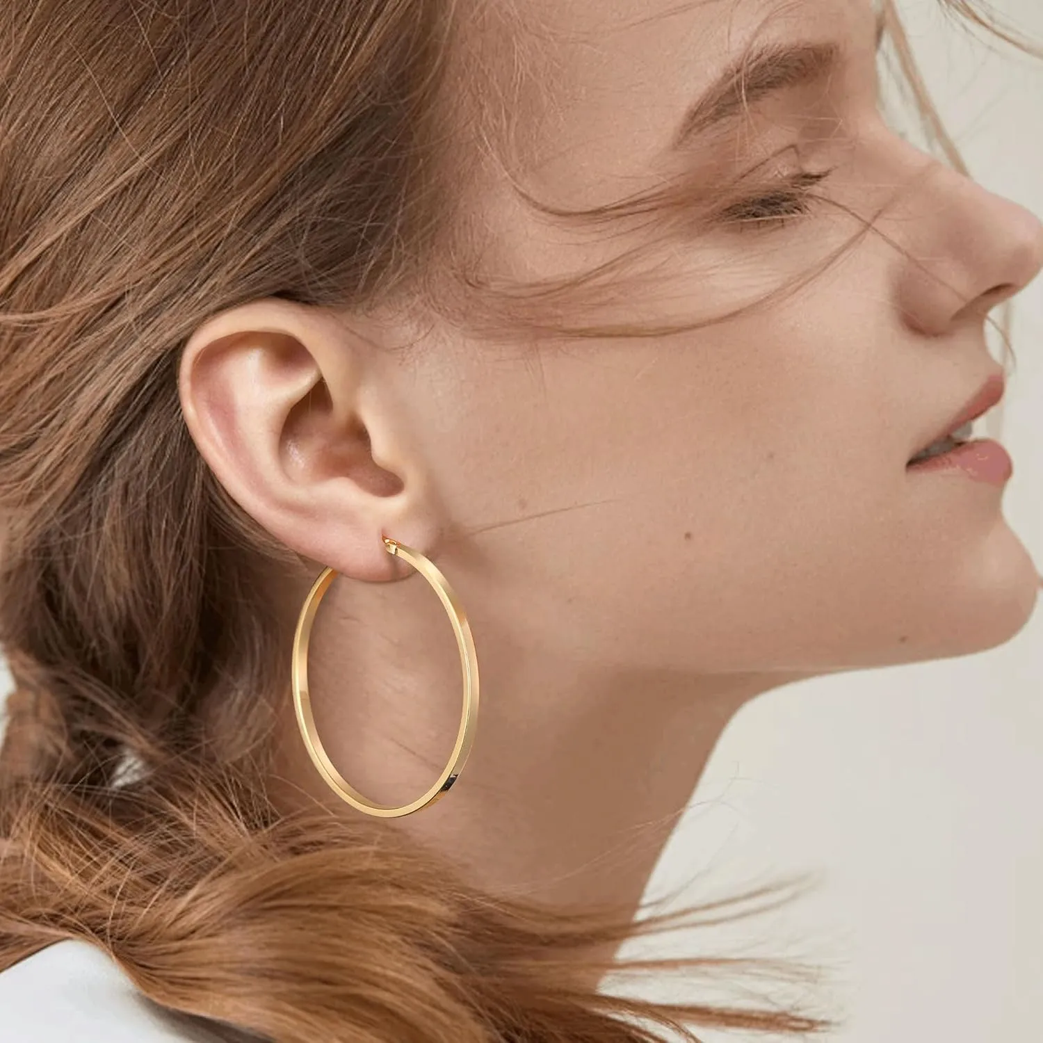 Gacimy Flatted Gold Hoop Earrings for Women 14K Real Gold Plated with 925 Sterling Silver Post