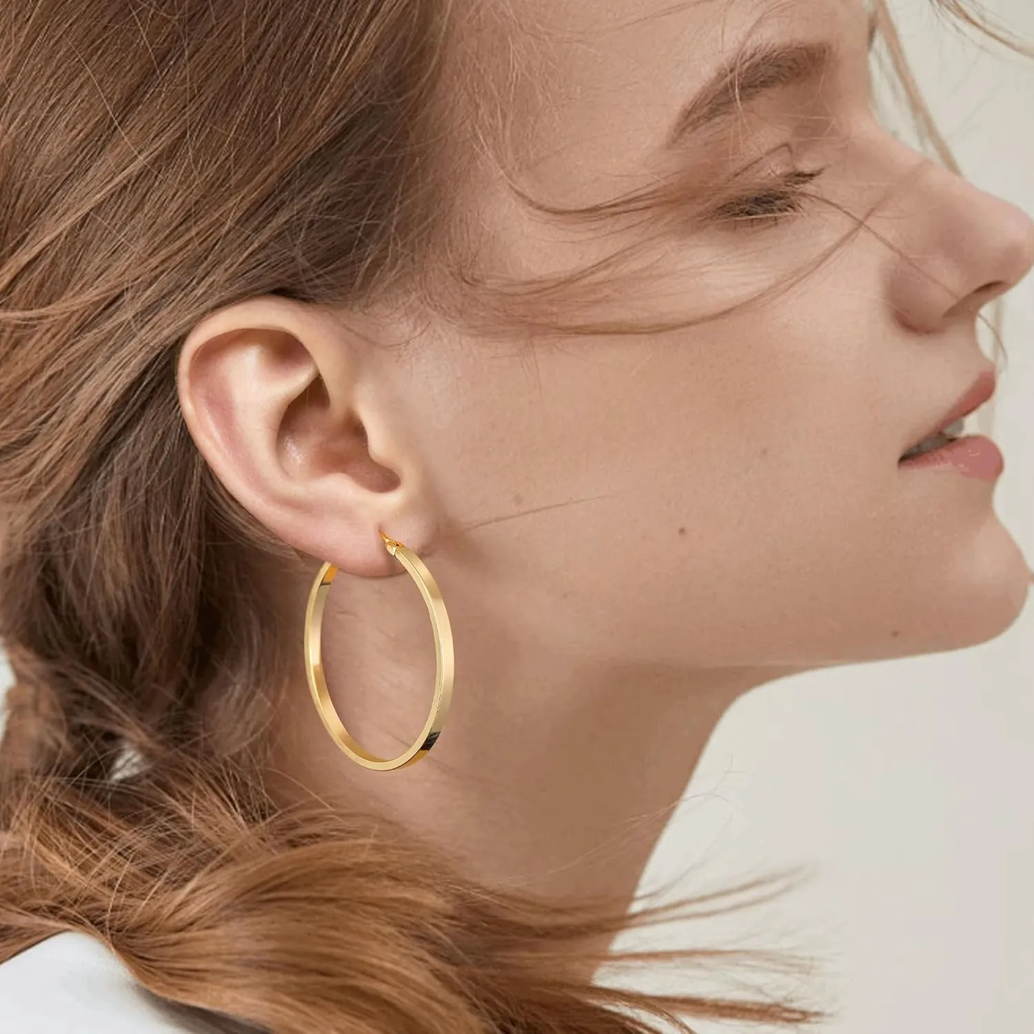 Gacimy Flatted Gold Hoop Earrings for Women 14K Real Gold Plated with 925 Sterling Silver Post