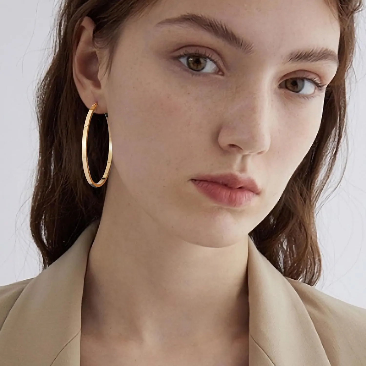 Gacimy Flatted Gold Hoop Earrings for Women 14K Real Gold Plated with 925 Sterling Silver Post