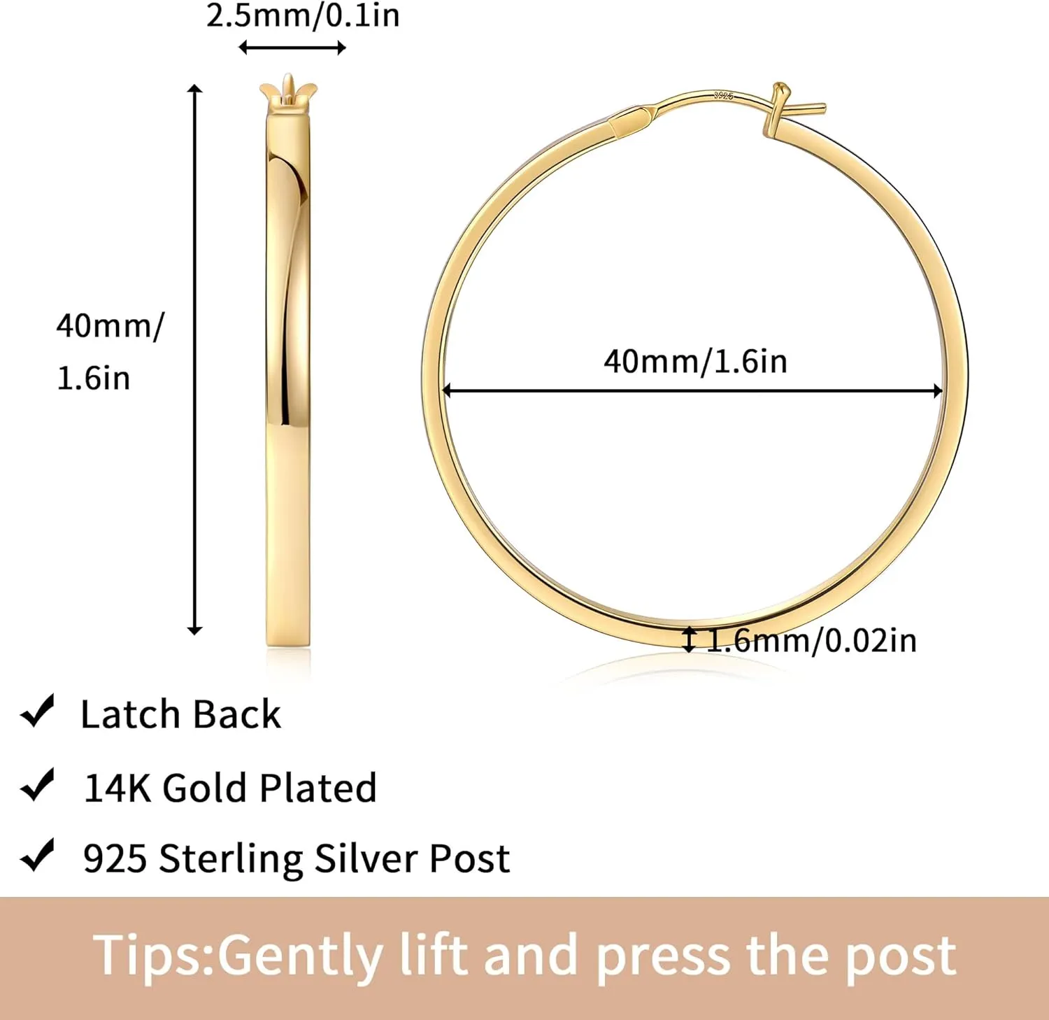 Gacimy Flatted Gold Hoop Earrings for Women 14K Real Gold Plated with 925 Sterling Silver Post