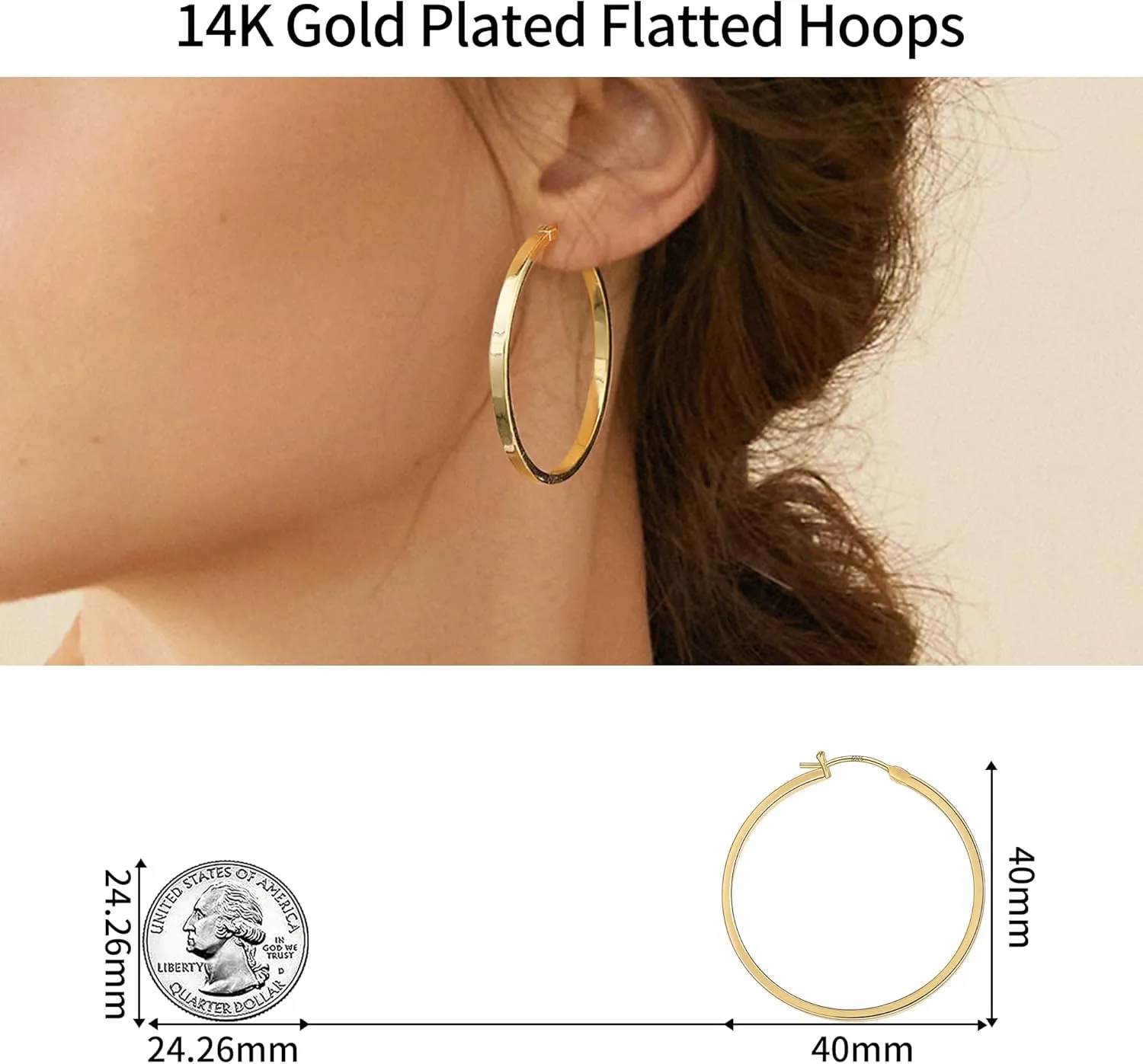 Gacimy Flatted Gold Hoop Earrings for Women 14K Real Gold Plated with 925 Sterling Silver Post