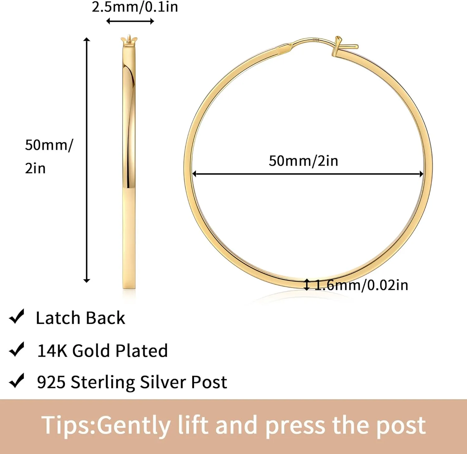 Gacimy Flatted Gold Hoop Earrings for Women 14K Real Gold Plated with 925 Sterling Silver Post