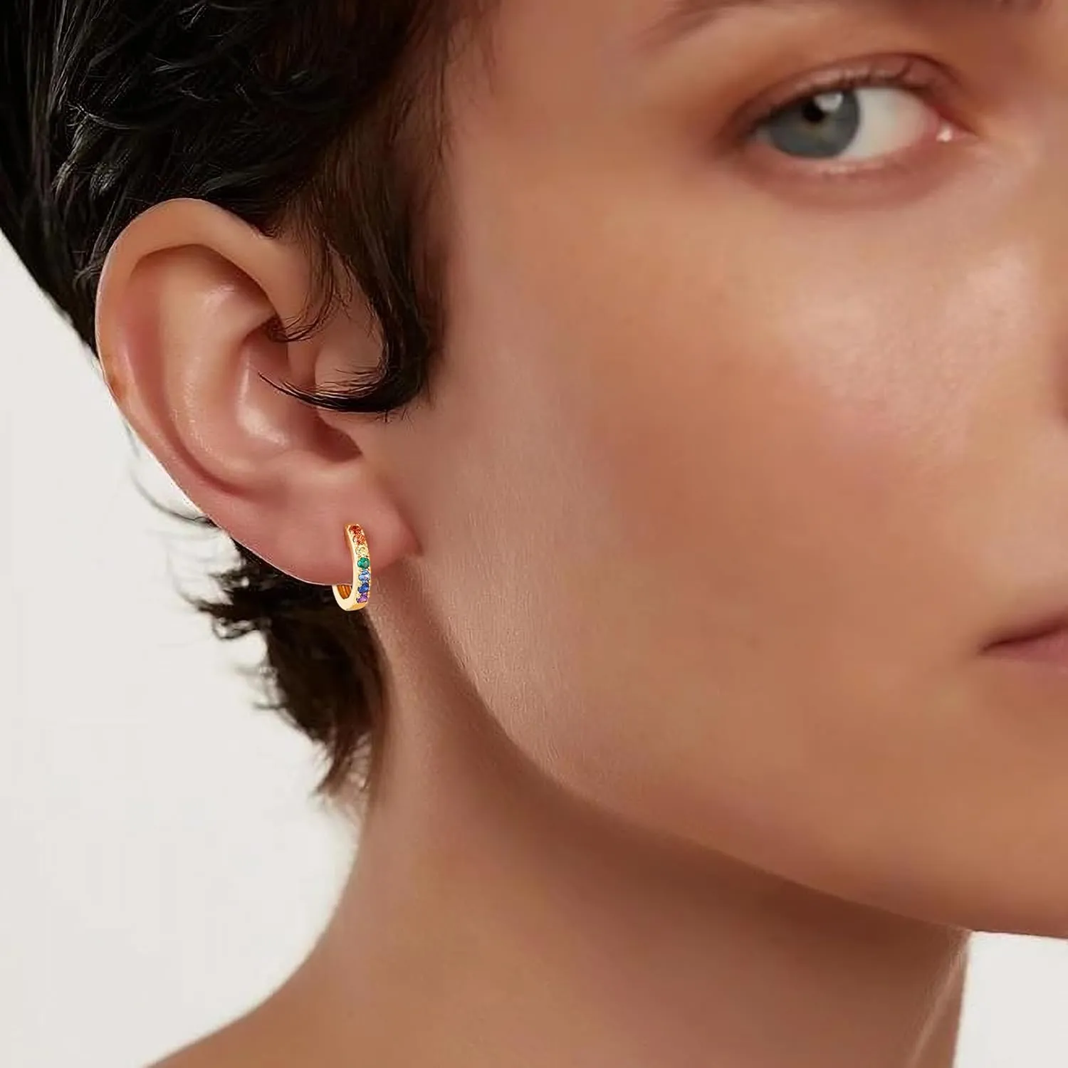 Gacimy Gold Huggie Earrings for Women 14K Real Gold Plated with Multi-Color Cubic Zirconia, 1/2 Inch Small Gold Hoop Earrings Cartilage Ear Cuffs for Women