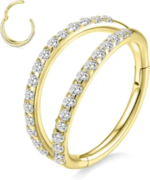GAGABODY 14K Solid Gold Conch Double Hoop Earring CZ Conch Piercing Jewelry Helix Earring Hoop Double Open Stack Nose Rings Hoop Yellow Gold Septum Rings 16g Tragus Cartilage Hinged Lip Rings