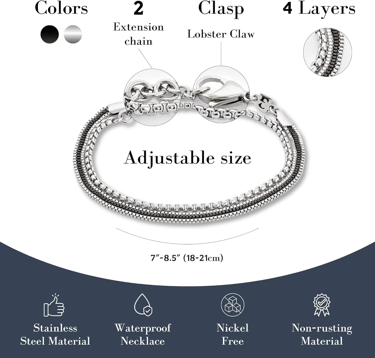 Galis Mens Bracelet - Cuban Link or Box Chain Layered Chain For Men - Premium Stainless Steel, Gift for him, Gold, Silver, Black Bracelet For Men 7-8" Size, 3-5mm Thick