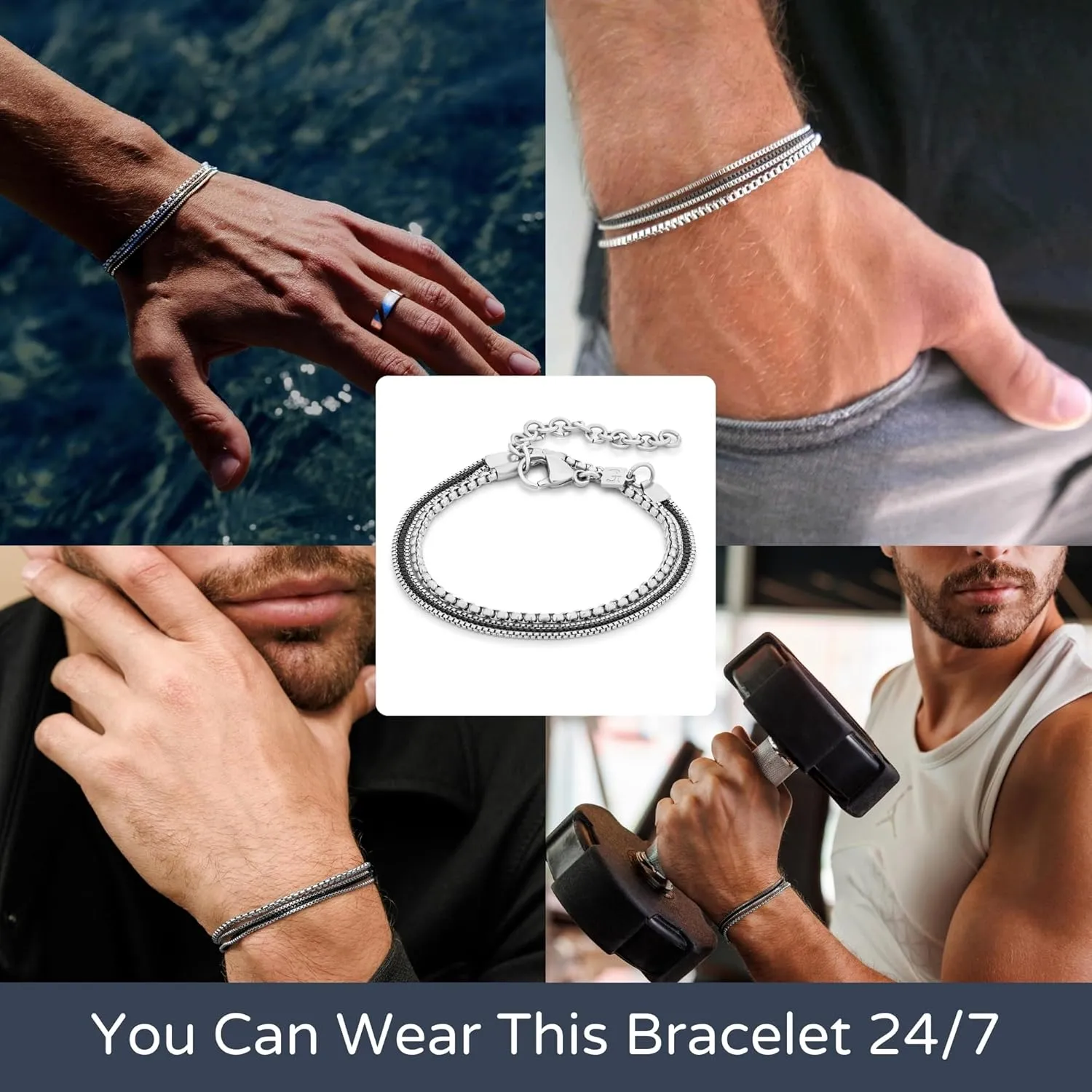 Galis Mens Bracelet - Cuban Link or Box Chain Layered Chain For Men - Premium Stainless Steel, Gift for him, Gold, Silver, Black Bracelet For Men 7-8" Size, 3-5mm Thick