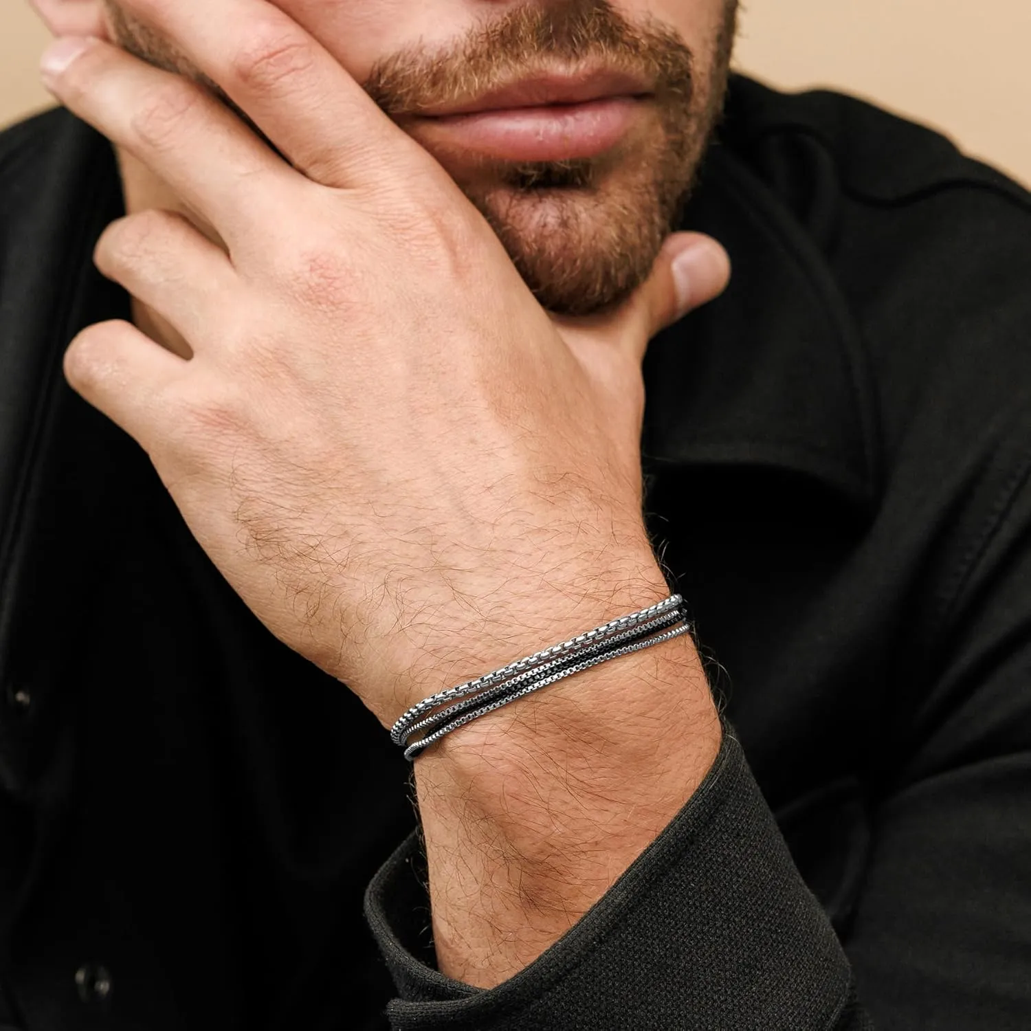 Galis Mens Bracelet - Cuban Link or Box Chain Layered Chain For Men - Premium Stainless Steel, Gift for him, Gold, Silver, Black Bracelet For Men 7-8" Size, 3-5mm Thick