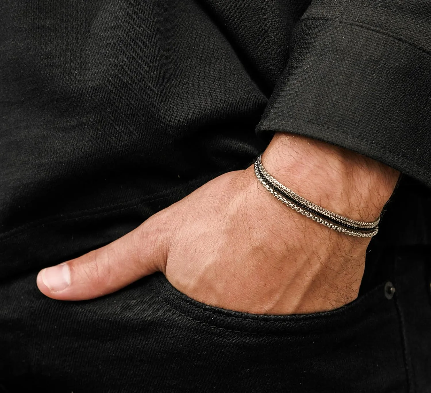 Galis Mens Bracelet - Cuban Link or Box Chain Layered Chain For Men - Premium Stainless Steel, Gift for him, Gold, Silver, Black Bracelet For Men 7-8" Size, 3-5mm Thick