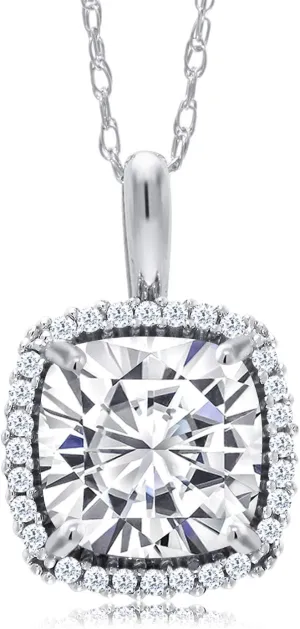 Gem Stone King 10K White Gold White Moissanite and White Diamond Pendant Necklace For Women (1.90 Cttw, Gemstone Birthstone, Cushion Cut 7MM, with 18 Inch Chain)