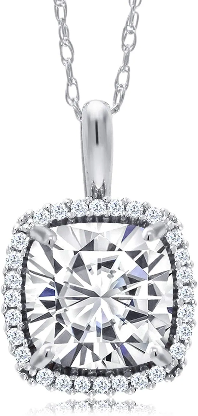 Gem Stone King 10K White Gold White Moissanite and White Diamond Pendant Necklace For Women (1.90 Cttw, Gemstone Birthstone, Cushion Cut 7MM, with 18 Inch Chain)