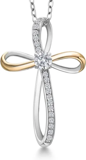 Gem Stone King Infinity Cross Necklace For Women | 925 Sterling Silver & 10K Yellow Gold | 4MM Round Gemstone Birthstone & Lab Grown Diamond Cross Faith Pendant Necklace | With 18 Inch Chain