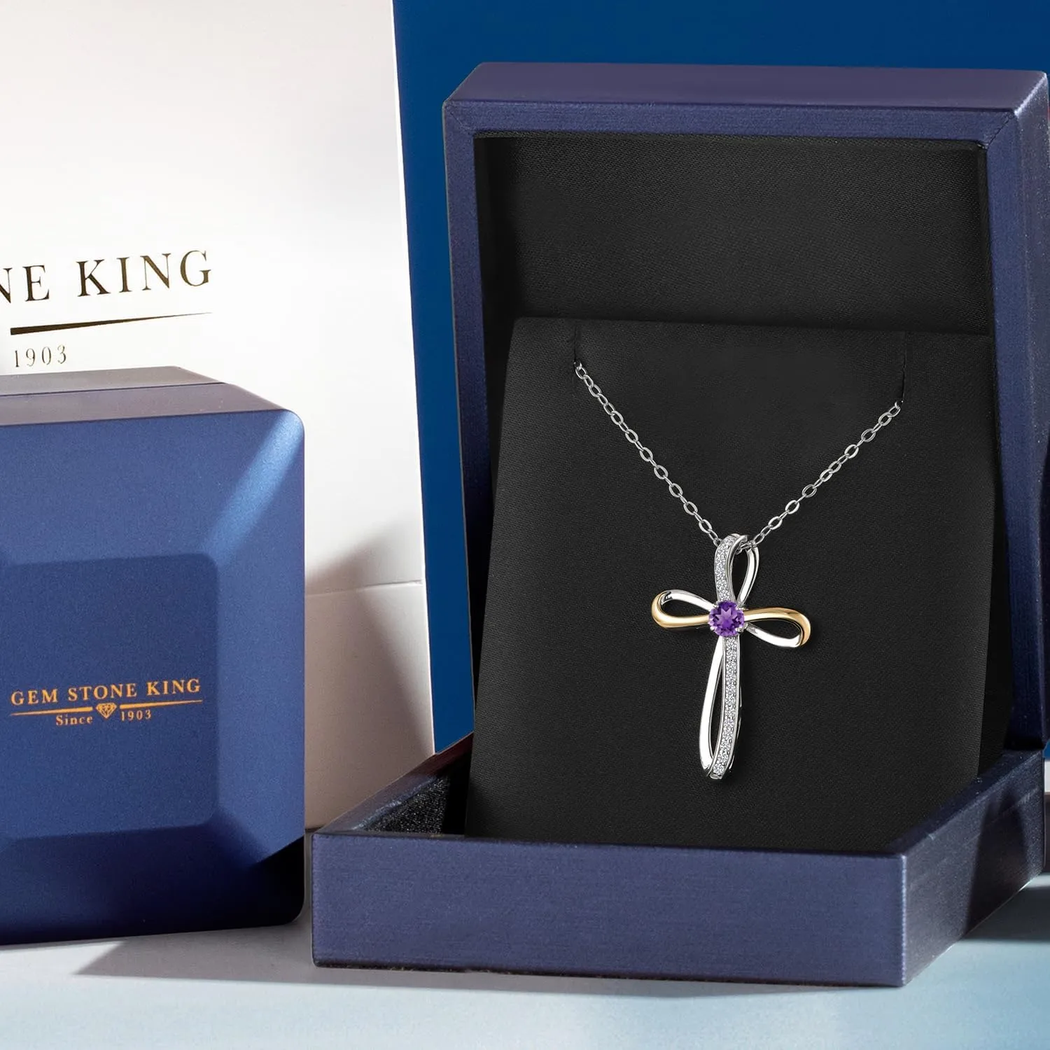 Gem Stone King Infinity Cross Necklace For Women | 925 Sterling Silver & 10K Yellow Gold | 4MM Round Gemstone Birthstone & Lab Grown Diamond Cross Faith Pendant Necklace | With 18 Inch Chain