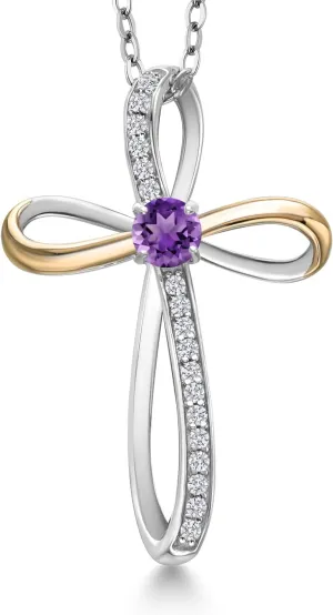 Gem Stone King Infinity Cross Necklace For Women | 925 Sterling Silver & 10K Yellow Gold | 4MM Round Gemstone Birthstone & Lab Grown Diamond Cross Faith Pendant Necklace | With 18 Inch Chain