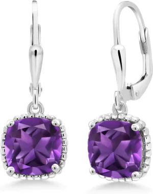Gem Stone King Leverback Drop Dangle Earrings for Women | 8MM Cushion Gemstone Birthstone | 925 Sterling Silver | Fine Jewelry Gifts for Her Mom Women Wife