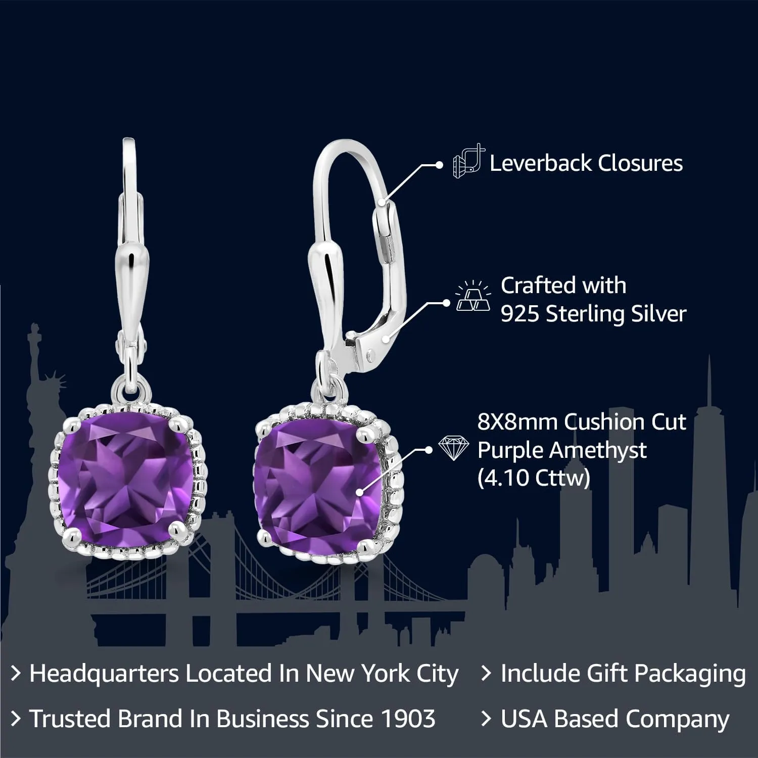 Gem Stone King Leverback Drop Dangle Earrings for Women | 8MM Cushion Gemstone Birthstone | 925 Sterling Silver | Fine Jewelry Gifts for Her Mom Women Wife