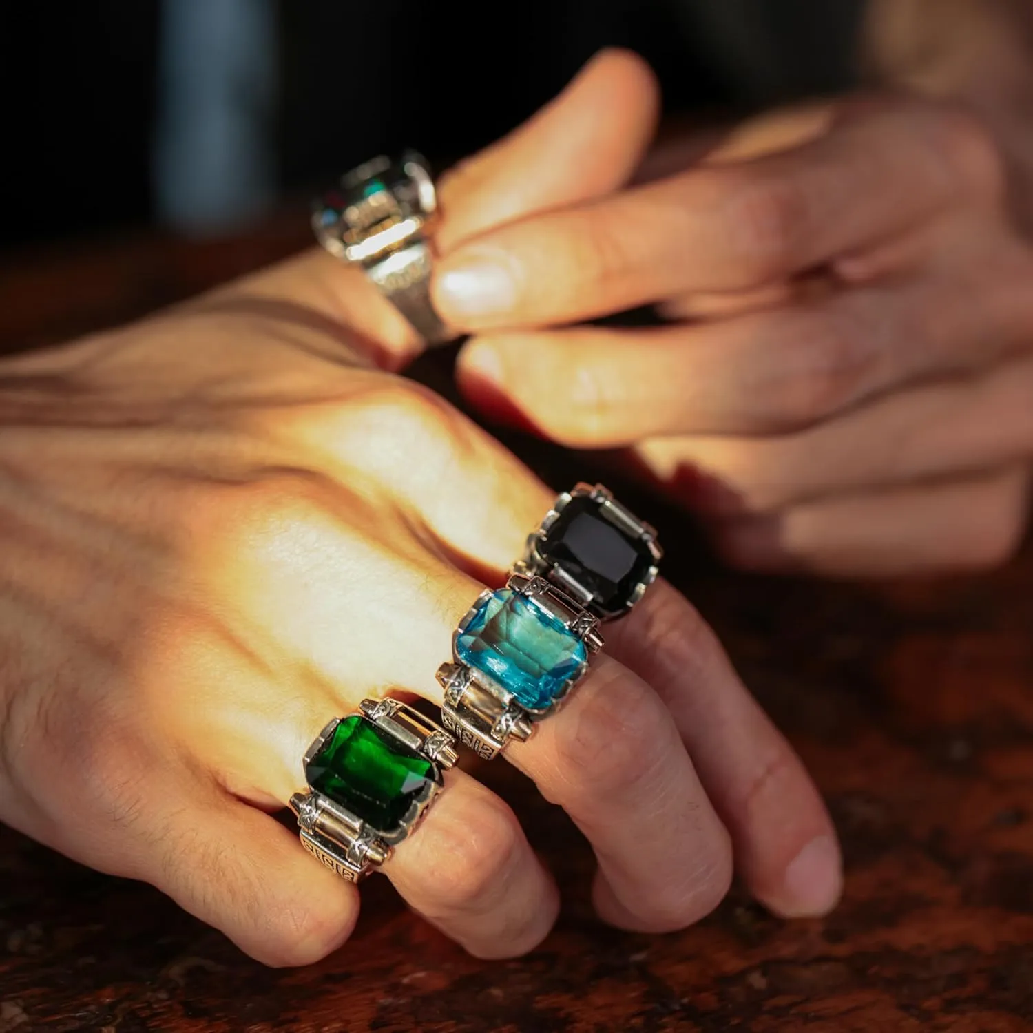 Genuine Solid 925 Sterling Silver Ring for Men, Accented with Bronze, Faceted Simulated Red Ruby Stone, Vintage Turkish Ottoman Style