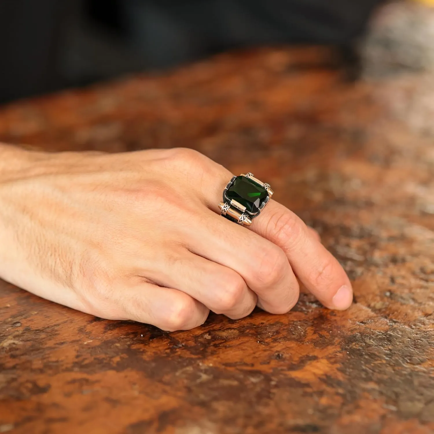Genuine Solid 925 Sterling Silver Ring for Men, Accented with Bronze, Faceted Simulated Red Ruby Stone, Vintage Turkish Ottoman Style