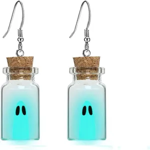 Ghost Earrings & Necklace Blue, Ghost In A Bottle Glow in The Dark, Adopt A Ghost Earrings for Women Decor, Fun Cute Earrings, Ghost Necklace for Women Spooky Halloween Jewelry Set