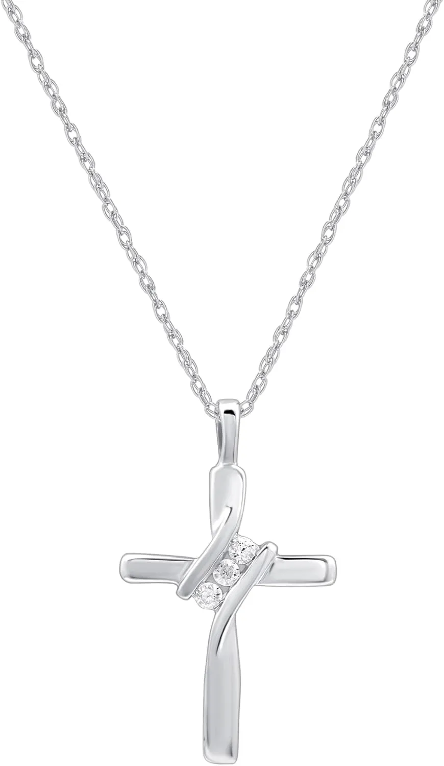 GILDED Small 10K White Gold Natural Round-Cut Diamond Accent (I-J Color, I2-I3 Clarity) 3 Stone Cross Pendant-Necklace,18"