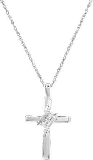GILDED Small 10K White Gold Natural Round-Cut Diamond Accent (I-J Color, I2-I3 Clarity) 3 Stone Cross Pendant-Necklace,18"