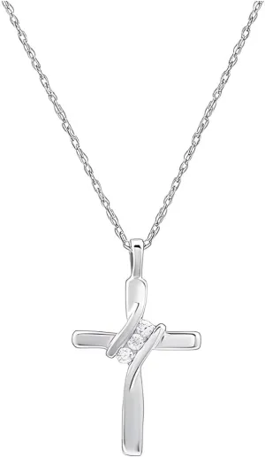 GILDED Small 14KT Yellow Gold Plated & Sterling Silver Natural Round-Cut Diamond Accent 3 Stone Cross Pendant with an 18 Inch Chain