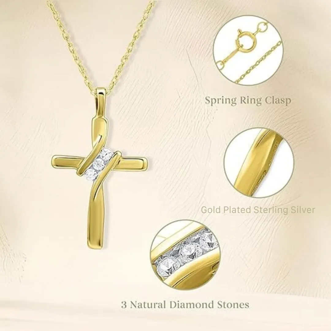 GILDED Small 14KT Yellow Gold Plated & Sterling Silver Natural Round-Cut Diamond Accent 3 Stone Cross Pendant with an 18 Inch Chain
