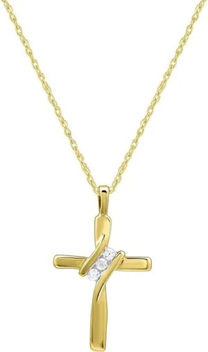 GILDED Small 14KT Yellow Gold Plated & Sterling Silver Natural Round-Cut Diamond Accent 3 Stone Cross Pendant with an 18 Inch Chain