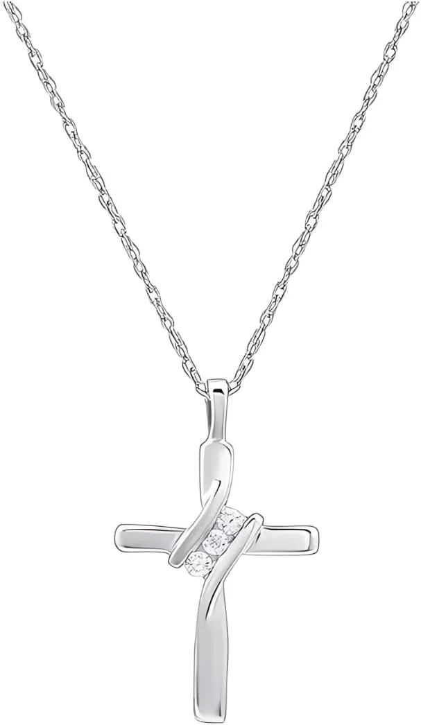 GILDED Small 14KT Yellow Gold Plated & Sterling Silver Natural Round-Cut Diamond Accent 3 Stone Cross Pendant with an 18 Inch Chain