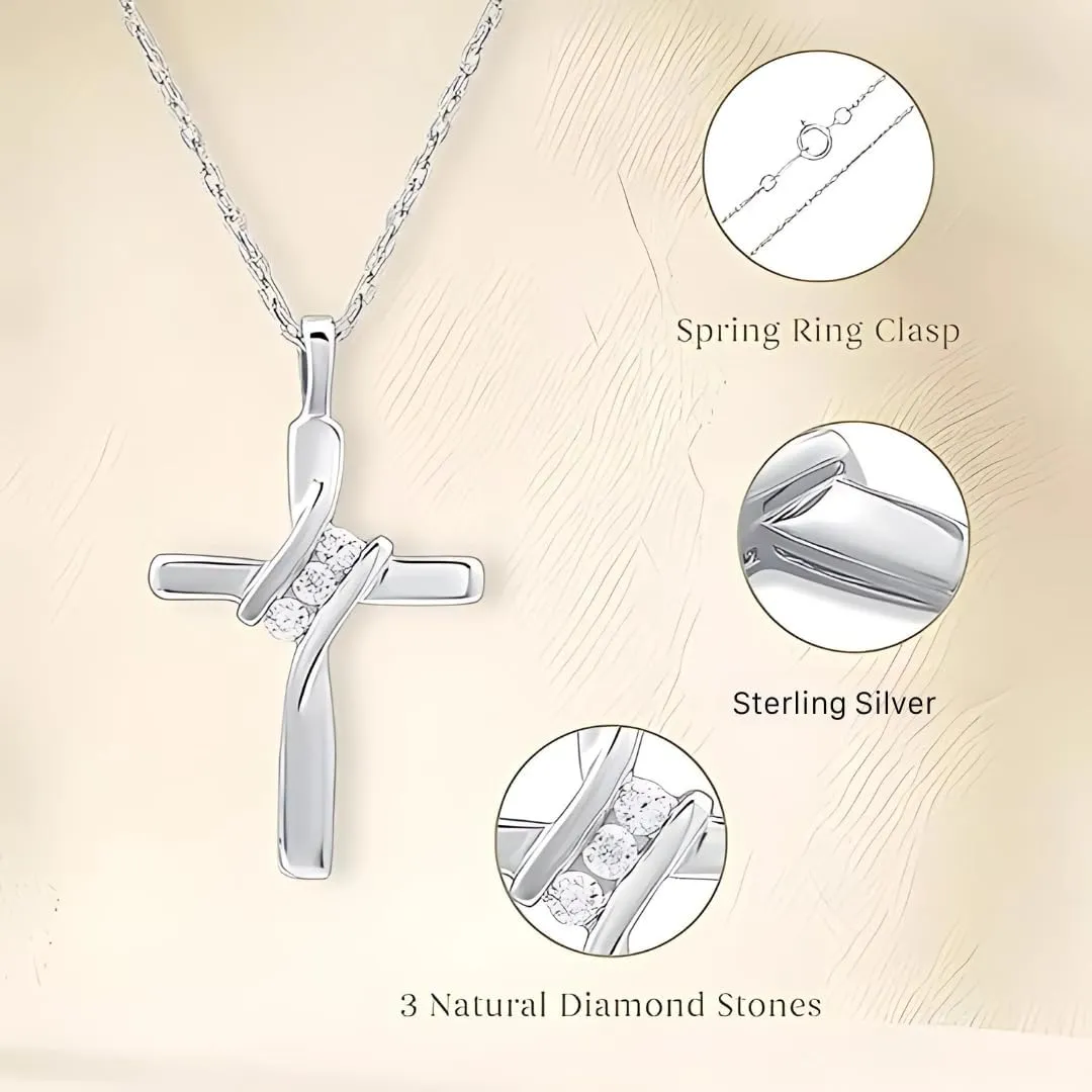 GILDED Small 14KT Yellow Gold Plated & Sterling Silver Natural Round-Cut Diamond Accent 3 Stone Cross Pendant with an 18 Inch Chain