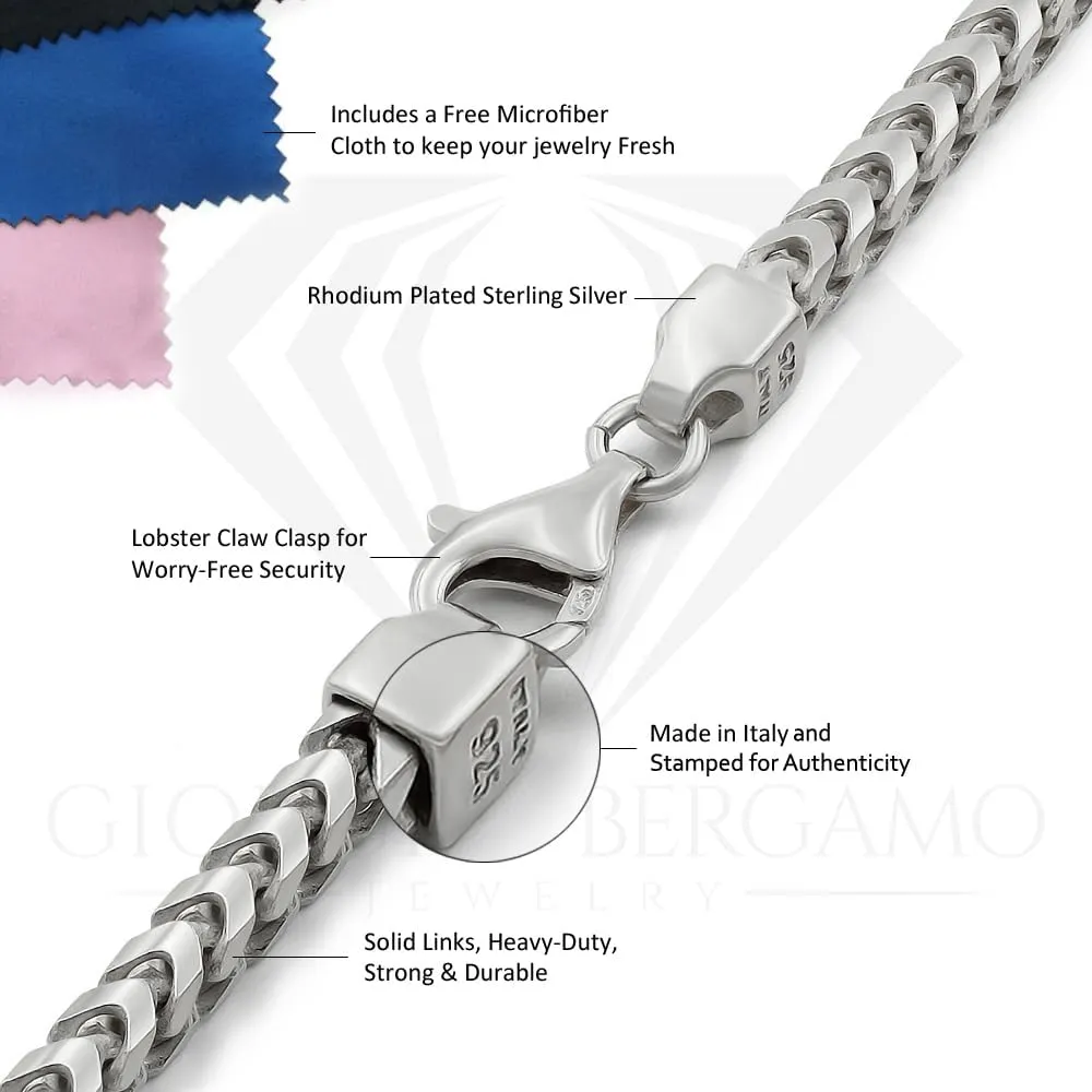 Giorgio Bergamo 925 Italian Sterling Silver 1mm - 5.5mm Solid Franco Chain, Rhodium Plated Square Box Link Necklace, Bracelet or Anklet