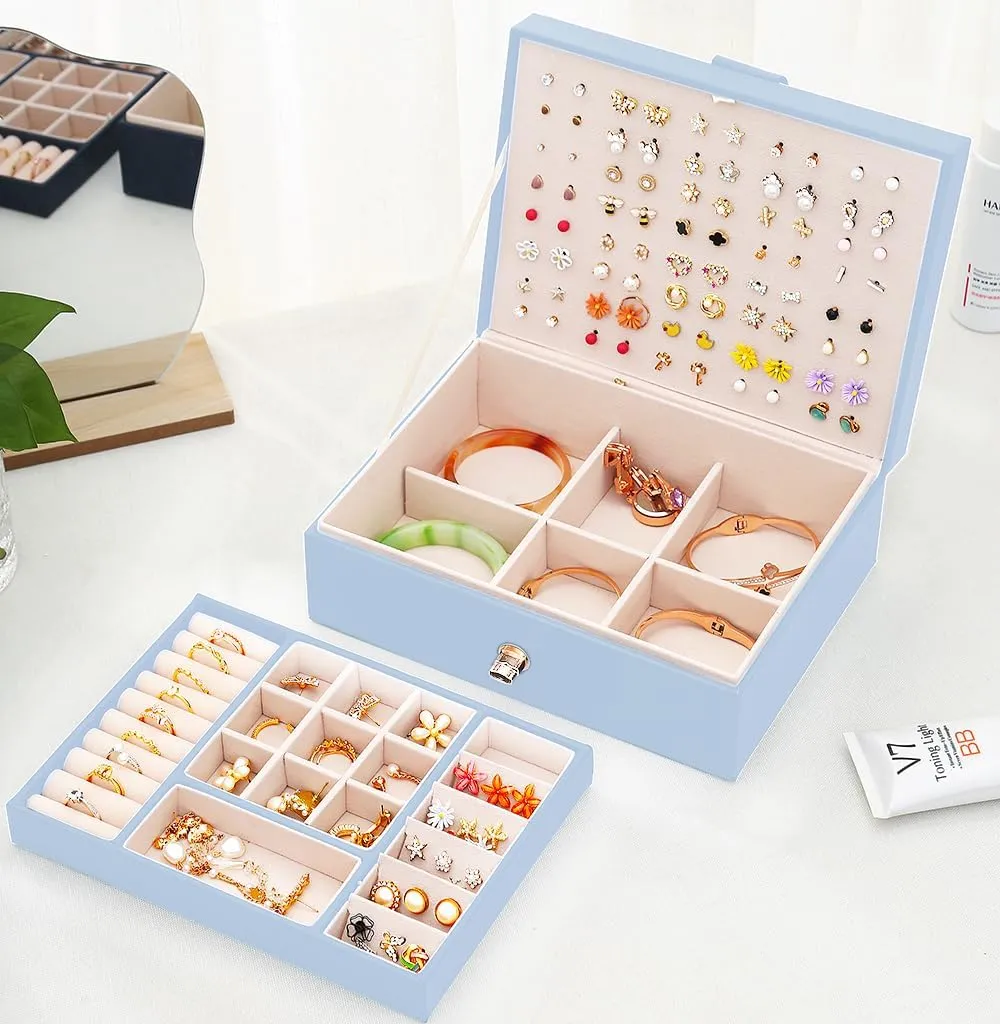 Girls Jewelry Box Earring Holder Organizer for Girls Jewelry Organizer Box Stud Earrings Organizer for Girls Womens Blue Jewelry Box for Earrings and Necklaces Rings Stud Earrings Box for Teen