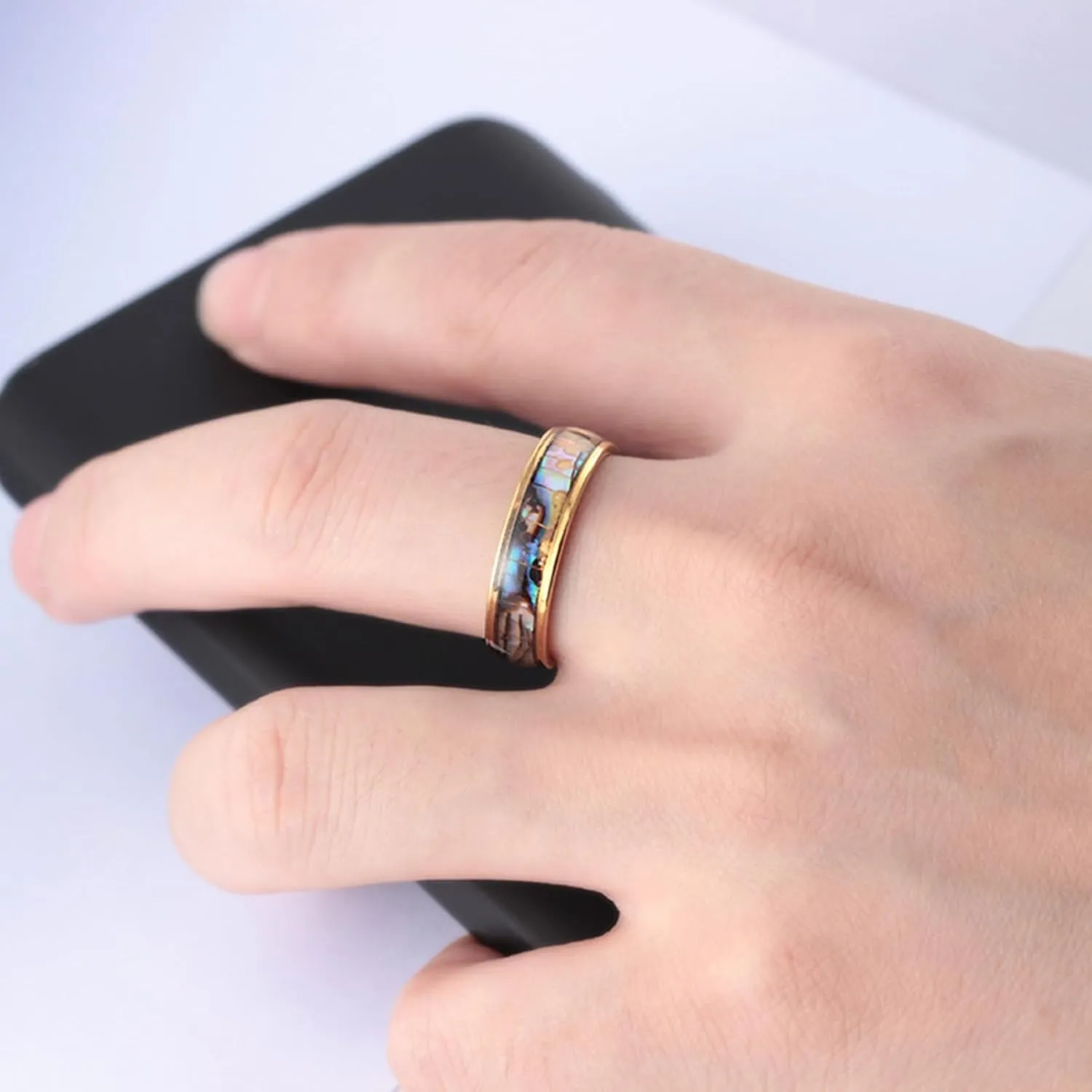 Giwotu Titanium Colorful Natural Abalone Shell Inlay Stainless Steel Ring for Women Men Mother of Pearl Sea Rippled Wedding Promise Couples Engagement Bands Party Confession Friendship Casual Match