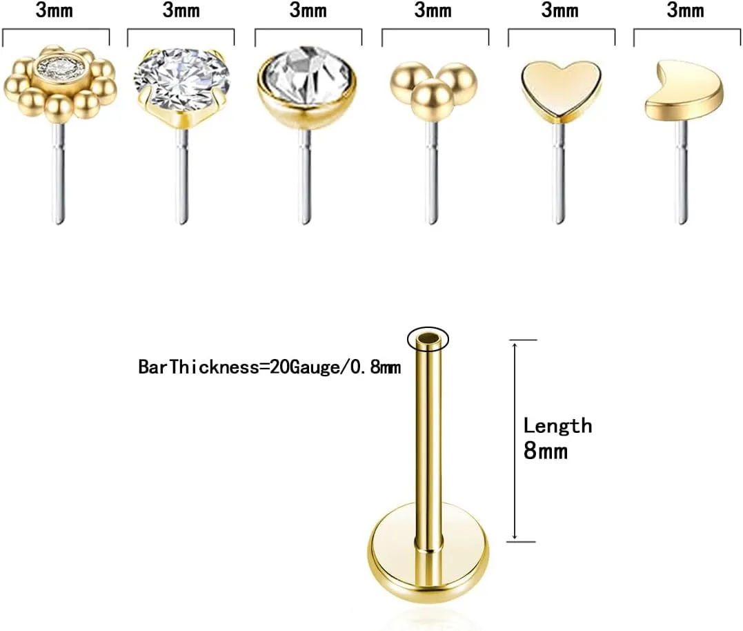 Gnoliew 18G 20G Threadless Stud Earrings Flat Back Push-in Tragus Labret Cartilage Medusa Conch Lip Piercing Jewelry 316L Surgical Stainless Steel Nose rings for Men Women