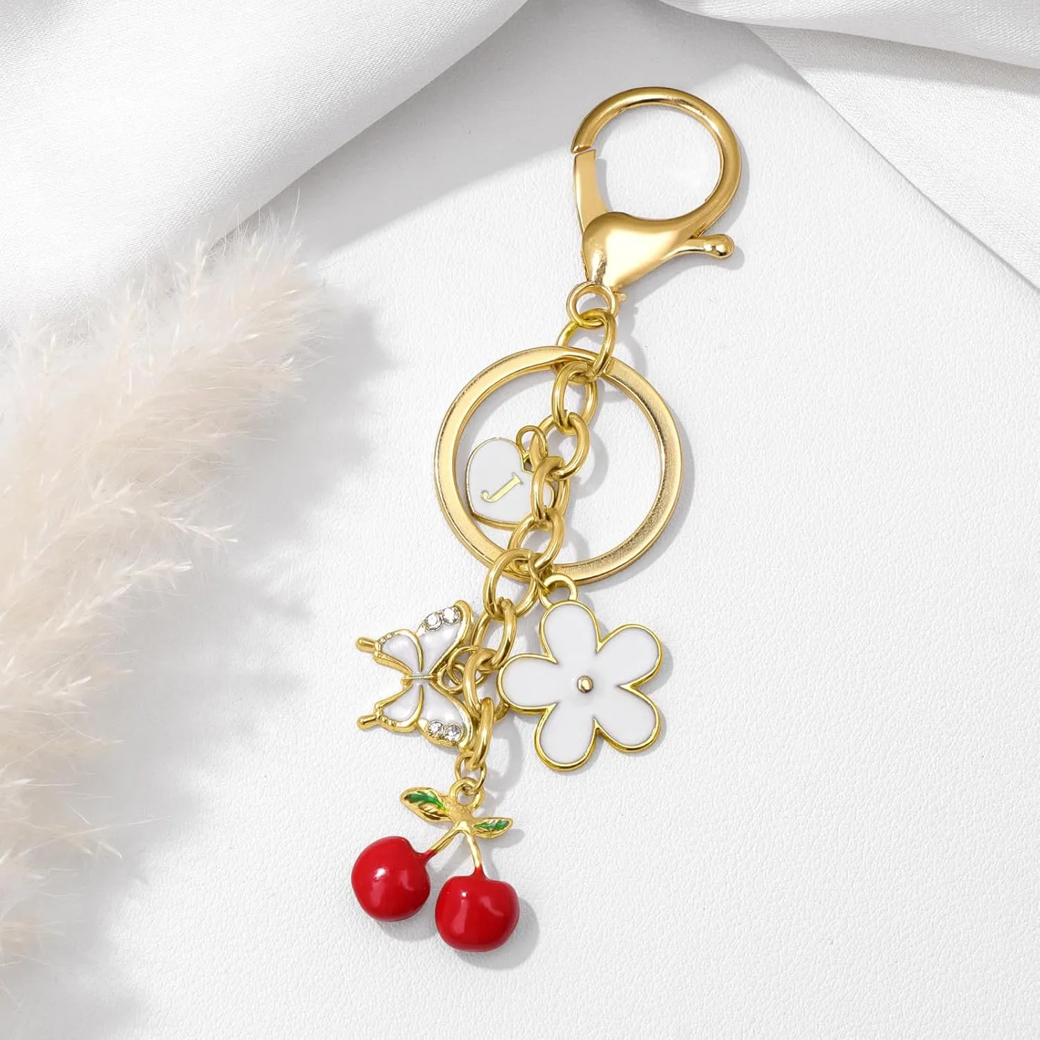 GolbalJew Cute Key Chains for Women Initial Letter Flower Cherry Keychains Bag Charms for Handbags Backpack Purse Keyring