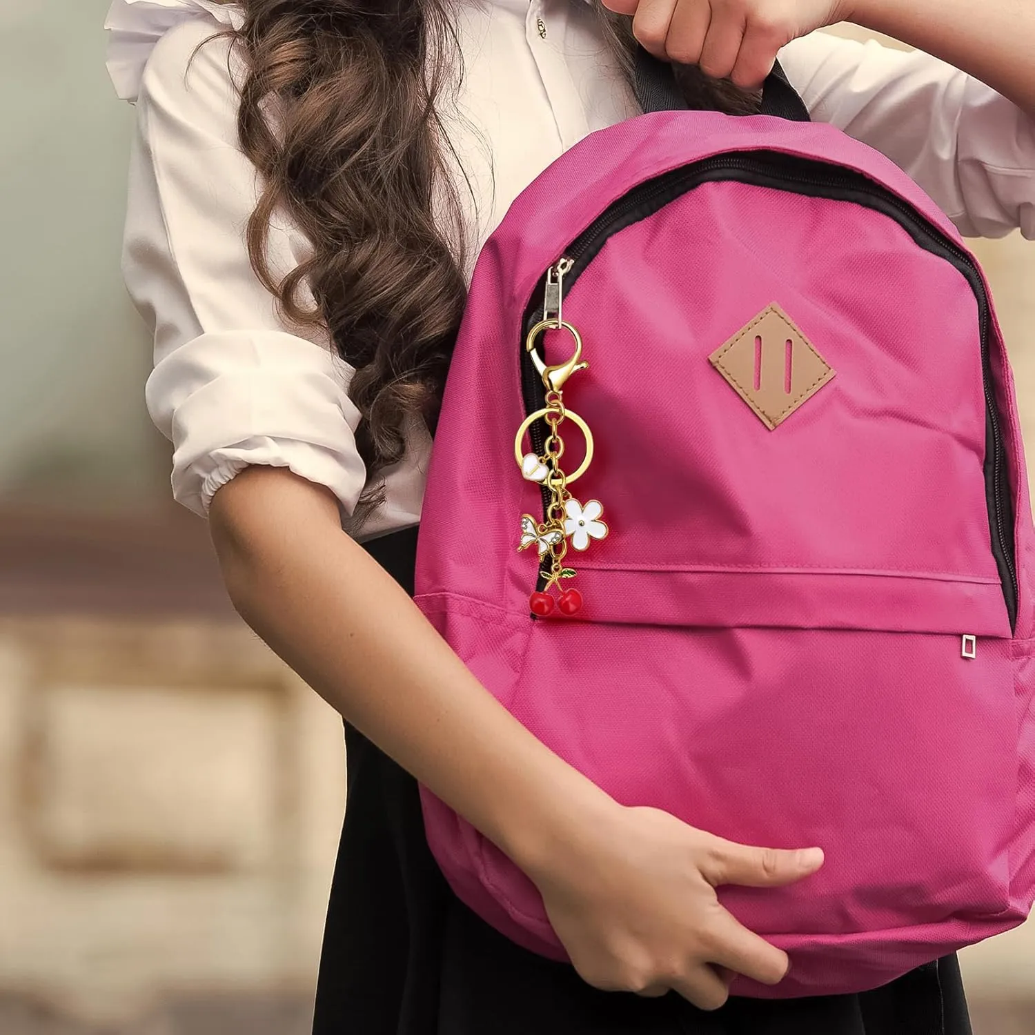 GolbalJew Cute Key Chains for Women Initial Letter Flower Cherry Keychains Bag Charms for Handbags Backpack Purse Keyring