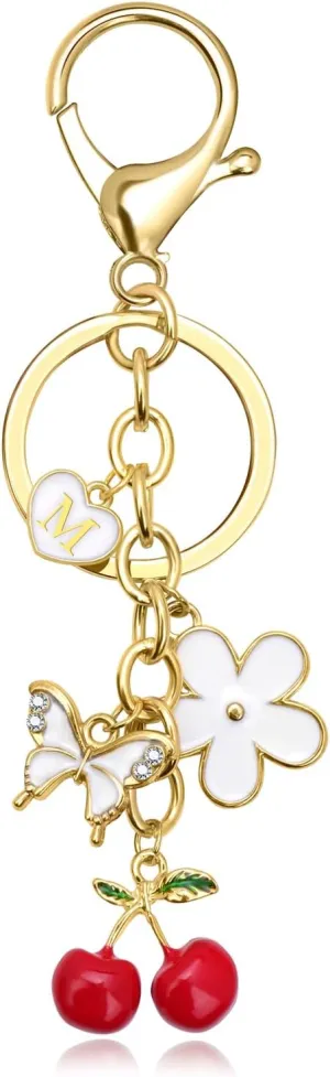 GolbalJew Cute Key Chains for Women Initial Letter Flower Cherry Keychains Bag Charms for Handbags Backpack Purse Keyring