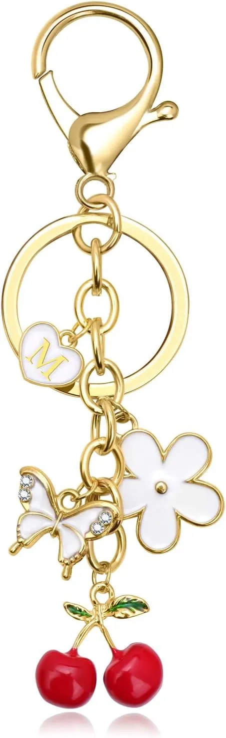GolbalJew Cute Key Chains for Women Initial Letter Flower Cherry Keychains Bag Charms for Handbags Backpack Purse Keyring