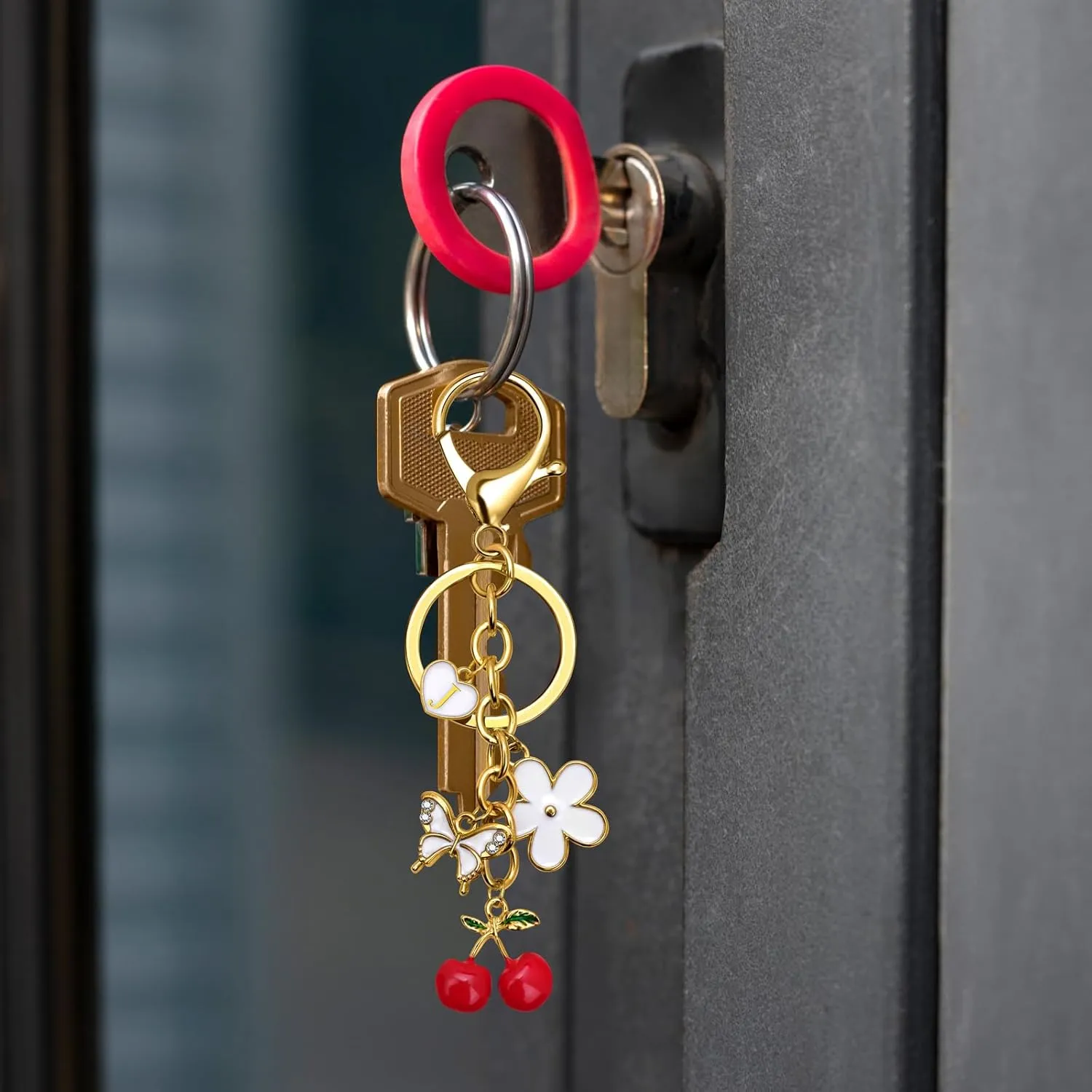 GolbalJew Cute Key Chains for Women Initial Letter Flower Cherry Keychains Bag Charms for Handbags Backpack Purse Keyring