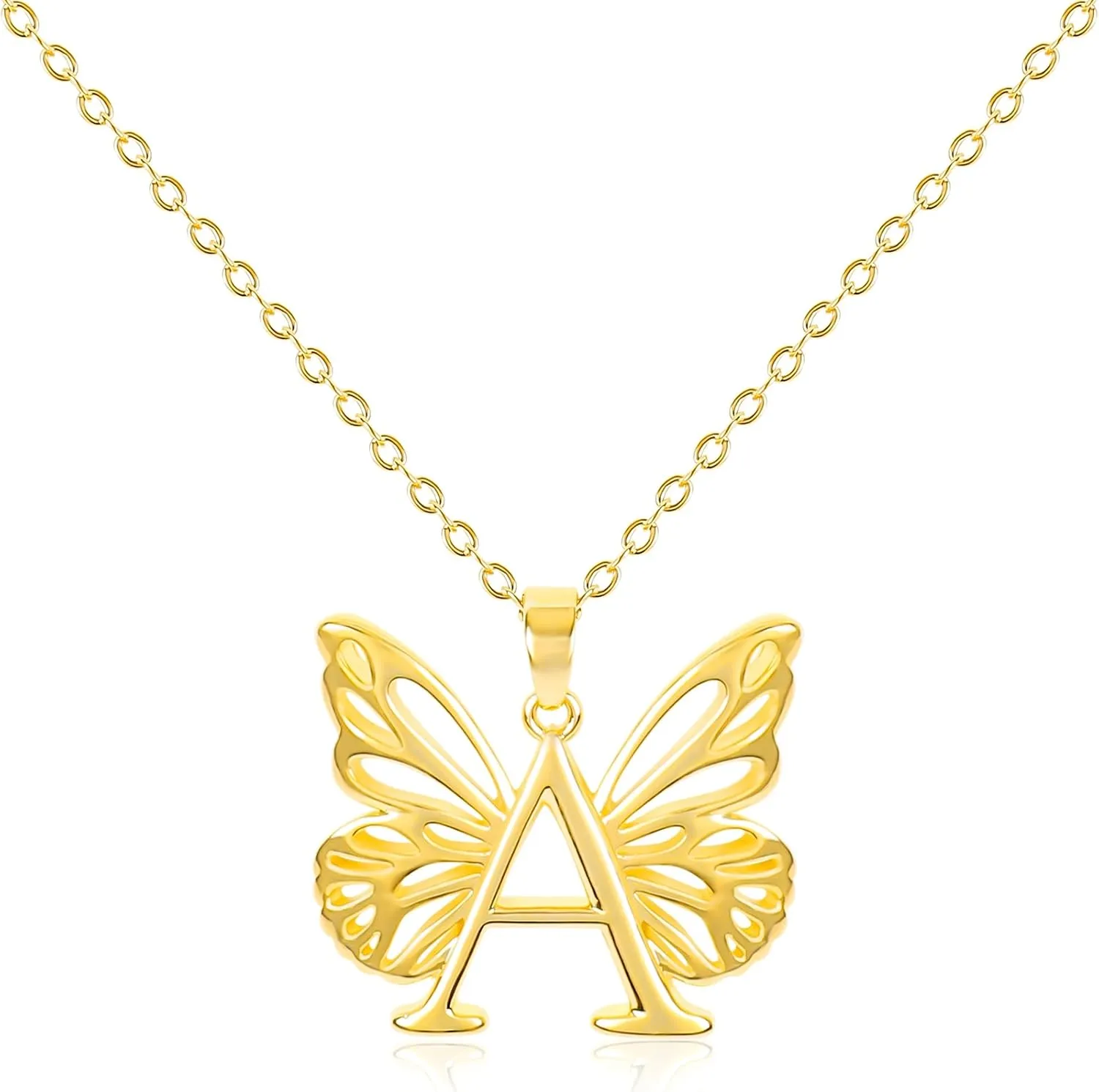 Gold Butterfly Letter A Necklace for Women 14K Gold Plated Hollow Butterfly Chunky Pendant Necklace Butterfly Alphabet Charm Name Initial Necklace Adjustable Trendy Birthday Jewelry Gift for Women