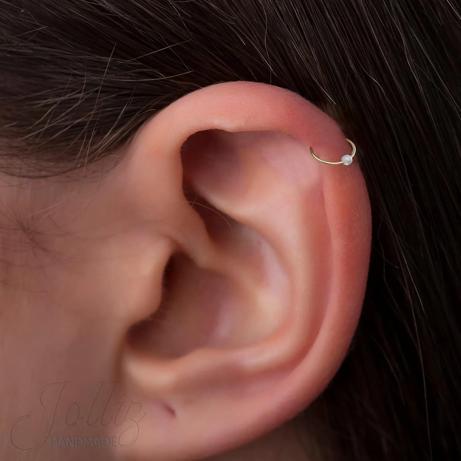 Gold Cartilage Ring - Thin 20 Gauge Helix Earring Hoop With 3mm White Pearl - Comfortable 8mm Cartilage Earring 14k Gold Filled