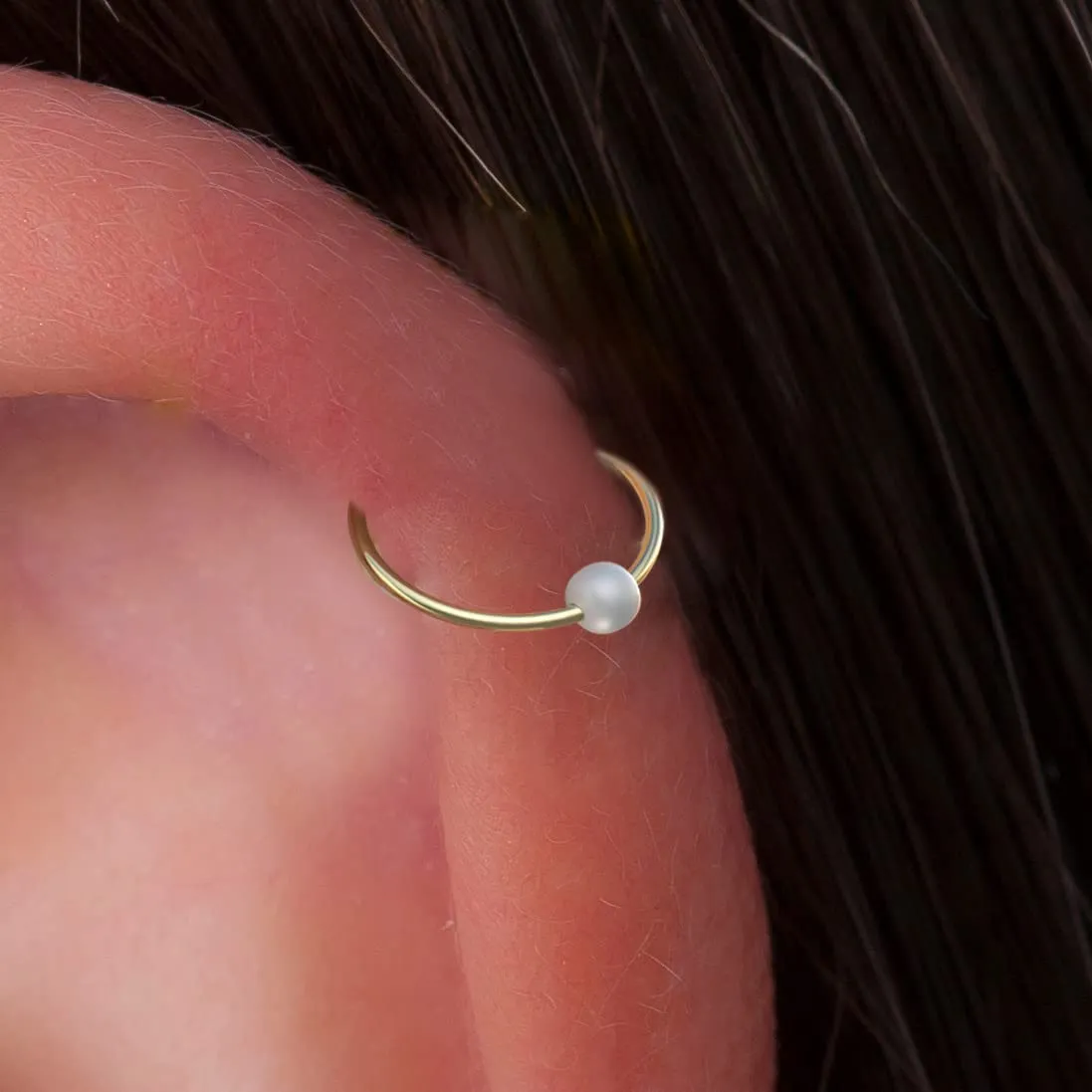 Gold Cartilage Ring - Thin 20 Gauge Helix Earring Hoop With 3mm White Pearl - Comfortable 8mm Cartilage Earring 14k Gold Filled