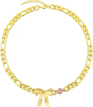 Gold Chunky Choker Necklace for Women 14K Gold Plated Butterfly BowPendant Necklace with Round Cubic Zirconia Ribbon Bow Knot Charm Necklace Adjustable Trendy Party Jewelry Gift for Women