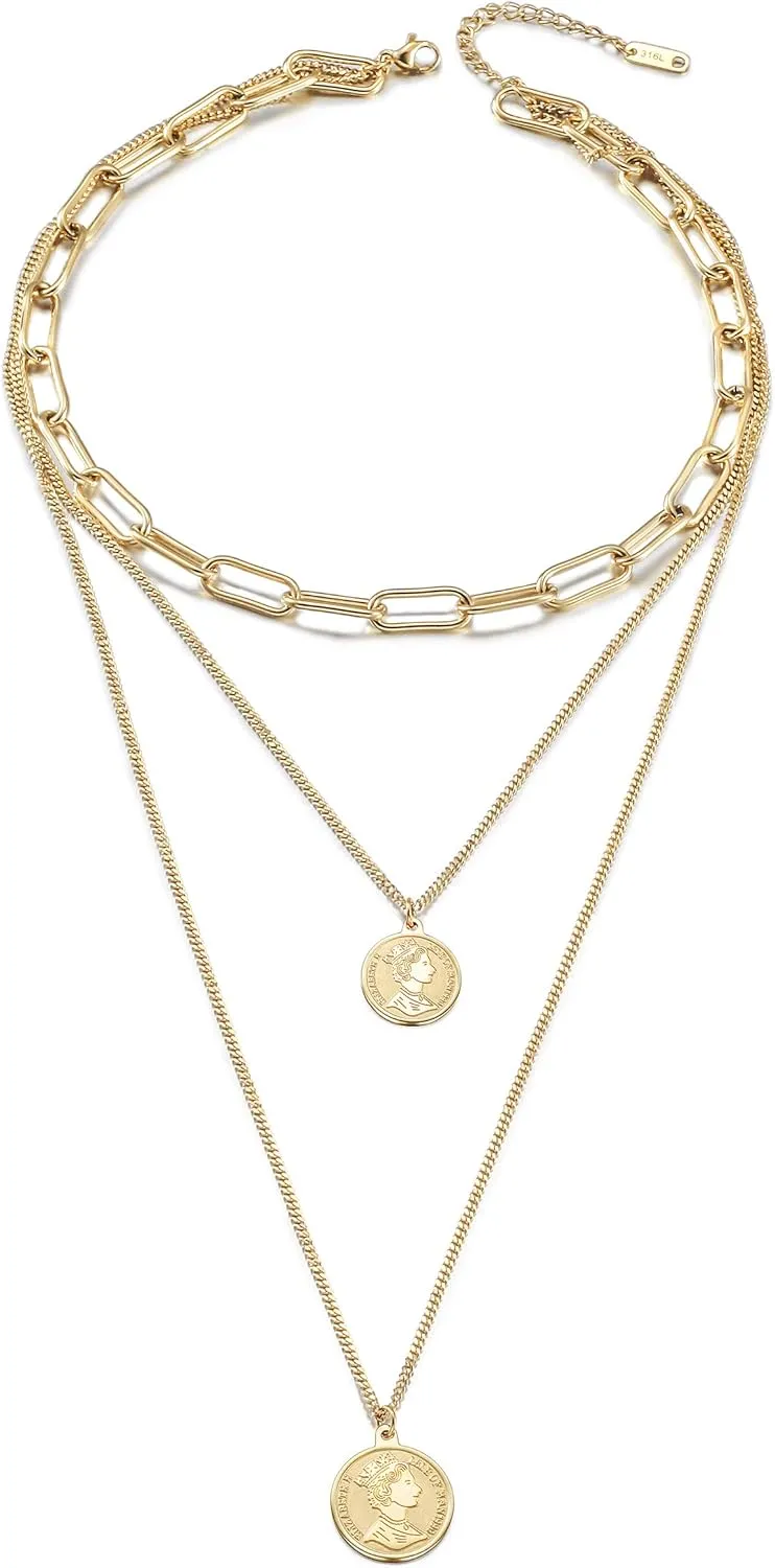 Gold Coin Necklace for Women Vintage Carved Coin Pendant Necklace 14K Gold Plated Chain Choker Queen Elizabeth Round Pendant Gold Layered Necklace for Women (Gold Layered Necklaces)