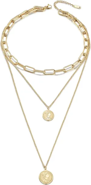Gold Coin Necklace for Women Vintage Carved Coin Pendant Necklace 14K Gold Plated Chain Choker Queen Elizabeth Round Pendant Gold Layered Necklace for Women (Gold Layered Necklaces)