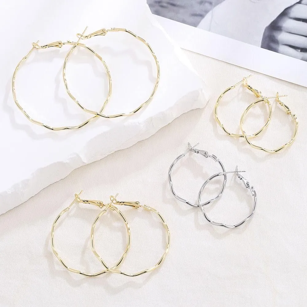 Gold Hoop Earrings for Women Gold Plated Hoop Earrings Wave Shape Big Hoop Earrings Large Gold Hoop Earrings Jewelry for Women Trendy 30/40/50mm