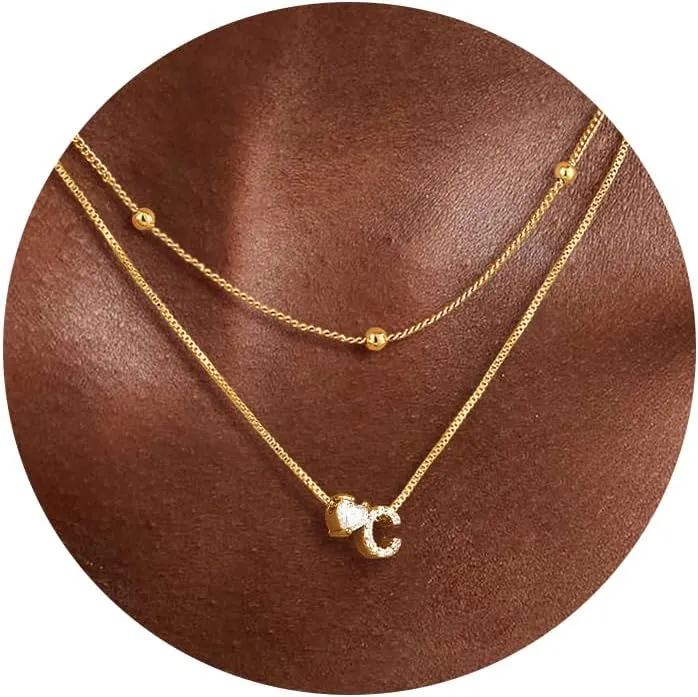 Gold Initial Necklace for Women, 14K Gold Plated Layered Heart Initial A-Z Necklace Dainty Gold Necklace Tiny Gold Initial Necklaces Birthday Gifts for Women Jewelry